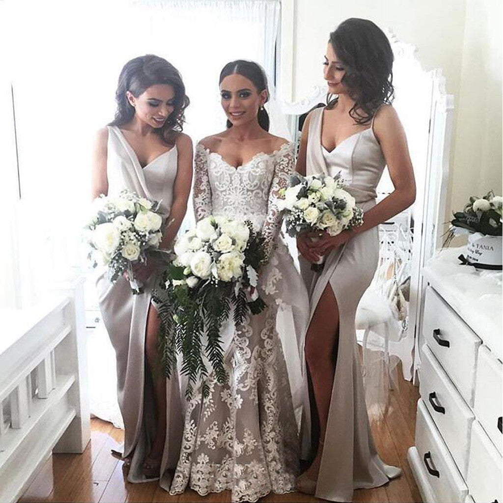 bride side bridesmaid dresses Sheath Halter Neck Tea Length Bridesmaid Dresses With Side Slit, MBD248