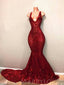 Sexy Mermaid Red Sequin V Neck Cheap Evening Long Prom Dress, BGP090