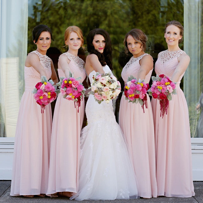 Long Chiffon Blush Pink Formal Cheap Wedding Party Bridesmaid Dresses, BG51064 - Bubble Gown