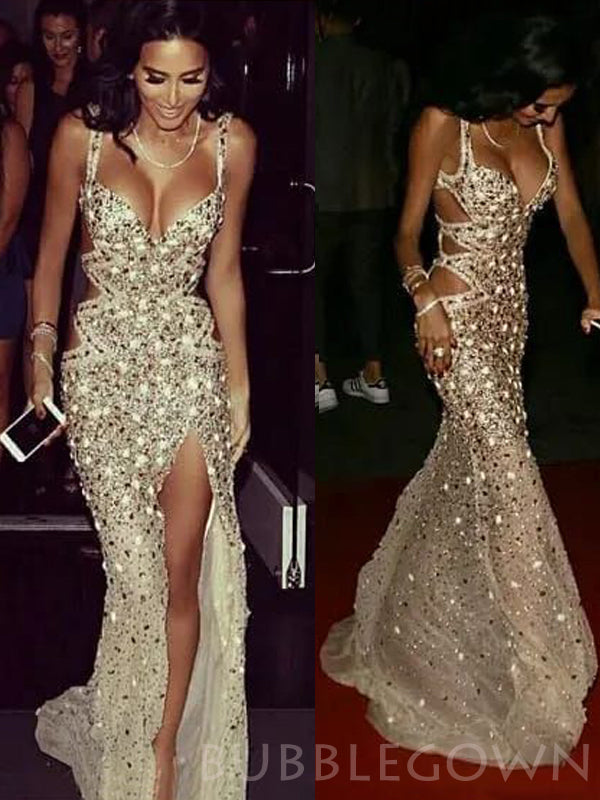 Gorgeous Sexy Heady Beaded Sparkly Side Slit Long Evening Prom Dresses, BG51545