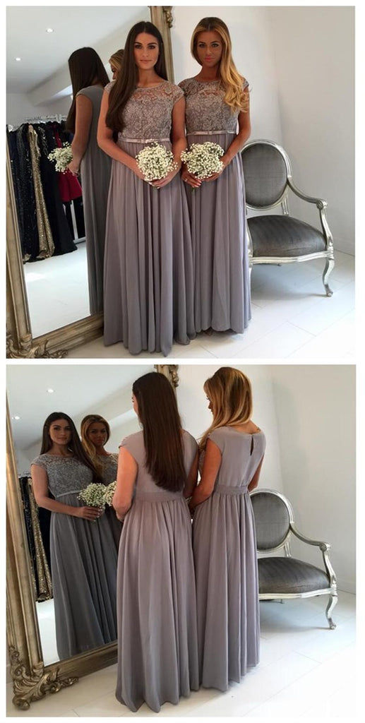 Cap Sleeve Lace Grey Floor-Length Wedding Guest Dresses, BG51287 - Bubble Gown