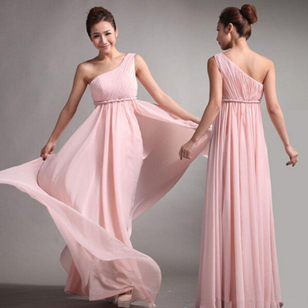 One Shoulder Pink Chiffon Cheap Long Wedding Bridesmaid Dresses, BG51347