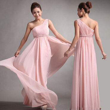 One Shoulder Pink Chiffon Cheap Long Wedding Bridesmaid Dresses, BG51347