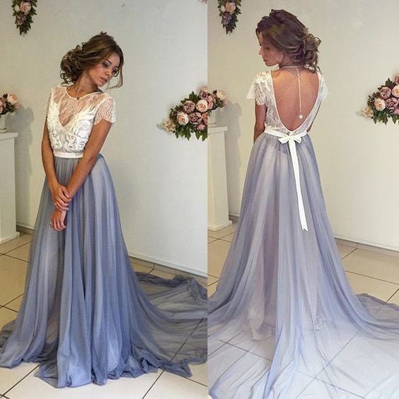 Short Sleeve Open Back Unique Design Long Prom Dress, BG51499