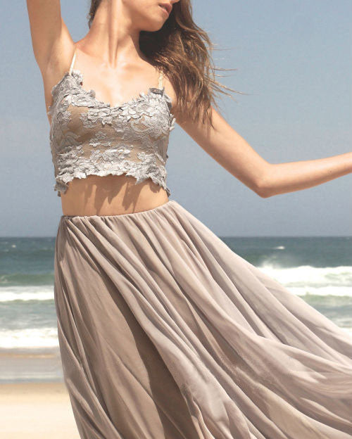 Grey Sexy Lace Two Pieces Cheap Long Beach Prom Dresses, BG51518 BubbleGowns Grey Sexy Lace Two Pieces Cheap Long Beach Prom Dresses, BG51518 BubbleGowns