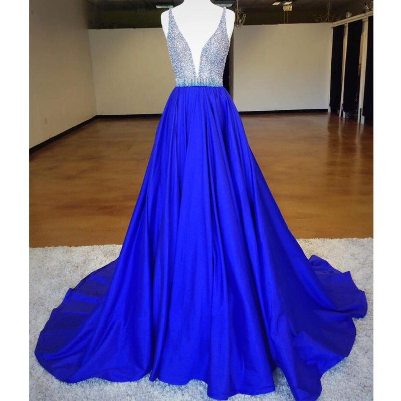 Eleagnt Royal Blue V Neck Inexpensive Long Prom Dresses, BG51524 - Bubble Gown