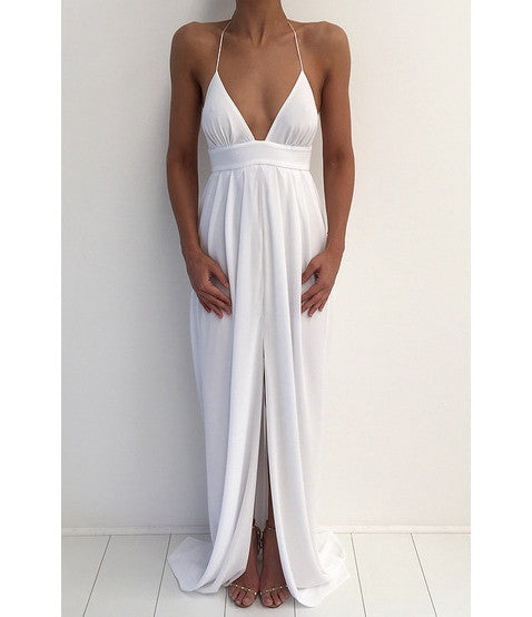 Beach Sexy Halter Unique Split White Cheap Simple Long Prom Dresses, BG51539 - Bubble Gown