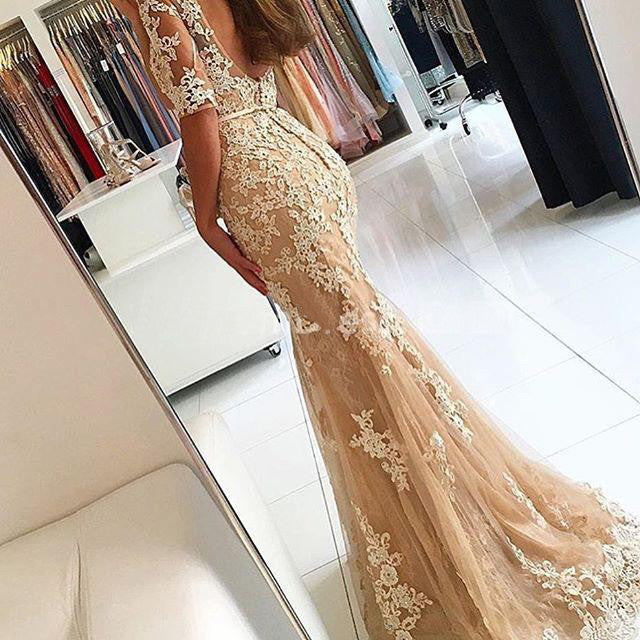 Champagne Mermaid Half Sleeves Applique Sexy Long Prom Dresses, BG51543 - Bubble Gown