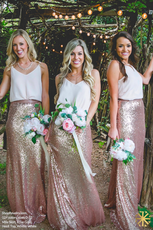 White Top Rose Gold Seuin Long Wedding Bridesmaid Dresses, BG51556 BubbleGowns White Top Rose Gold Seuin Long Wedding Bridesmaid Dresses, BG51556 BubbleGowns
