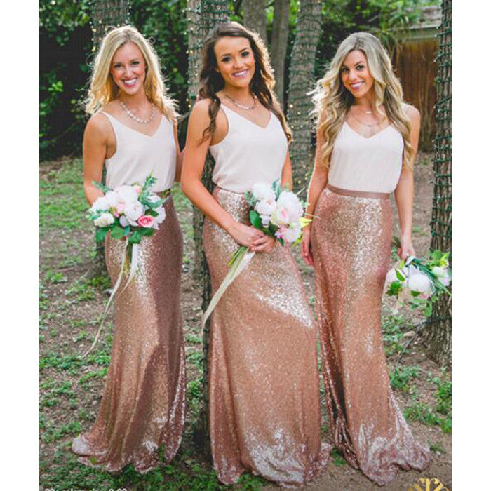 White Top Rose Gold Seuin Long Wedding Bridesmaid Dresses, BG51556 BubbleGowns White Top Rose Gold Seuin Long Wedding Bridesmaid Dresses, BG51556 BubbleGowns