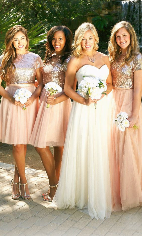 2 Pieces Short Sleeves Seuin Top Long/Short Tulle Wedding Bridesmaid D BubbleGowns 2 Pieces Short Sleeves Seuin Top Long/Short Tulle Wedding Bridesmaid D BubbleGowns