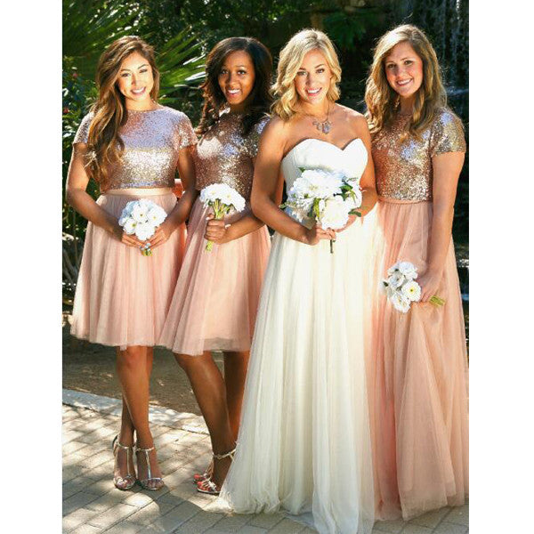 2 Pieces Short Sleeves Seuin Top Long/Short Tulle Wedding Bridesmaid D –  BubbleGowns