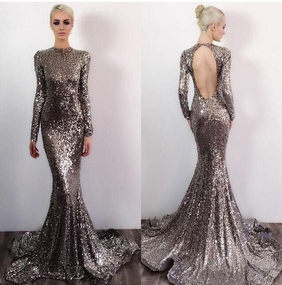 Open Back Long Sleeves Sequin Sexy Sparkle Mermaid Long Prom Dresses, BG51570