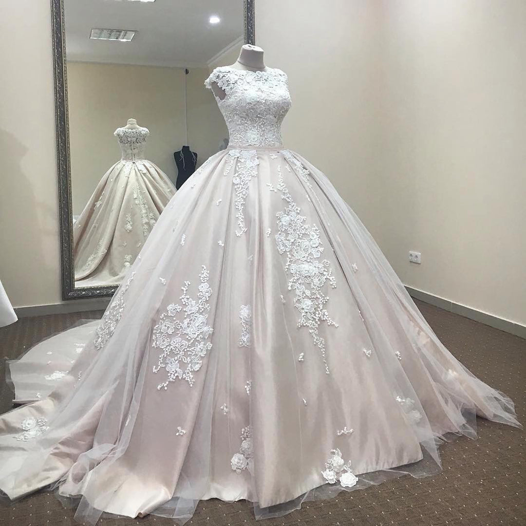 Gorgeous Cap Sleeves Applique Lace Long Birdes Ball Wedding Dresses, BG51574 - Bubble Gown