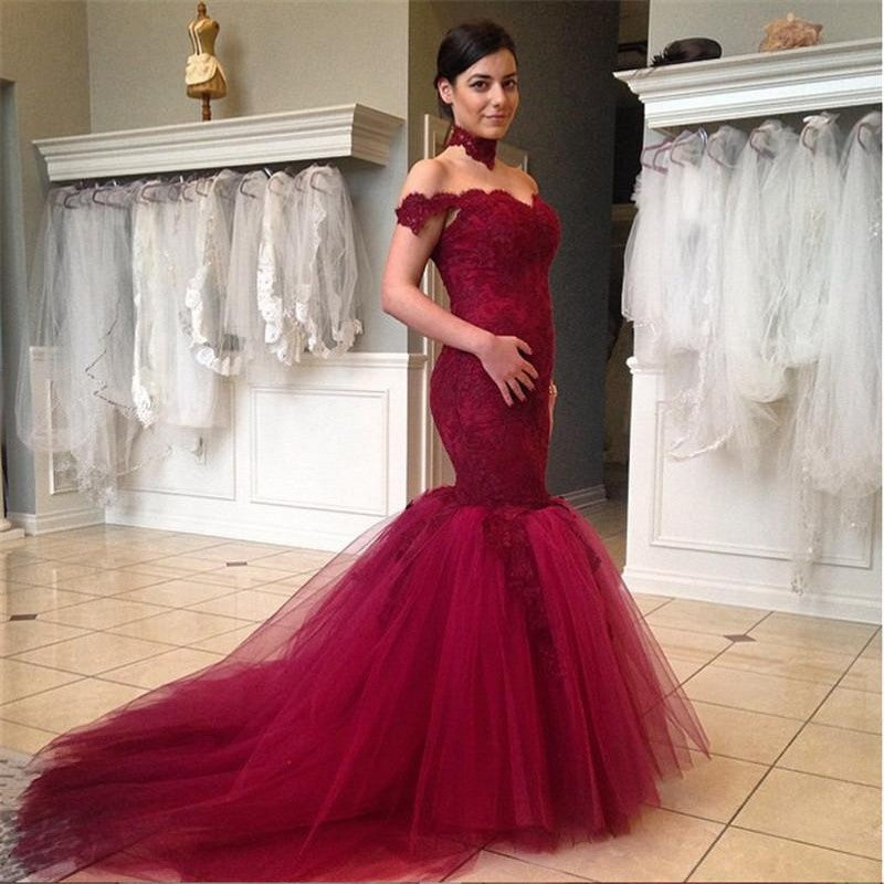 Burgundy Off Shoulder Lace Mermaid Gorgeous Long Prom Dress, BG51039 BubbleGowns Burgundy Off Shoulder Lace Mermaid Gorgeous Long Prom Dress, BG51039 BubbleGowns