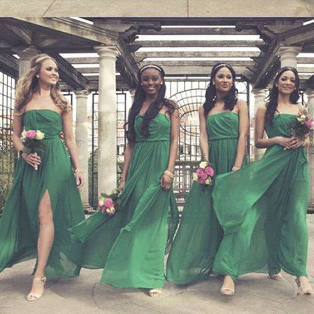 Side Split Straight Neckline Green Chiffon Long Wedding Guest Dresses, BG51335