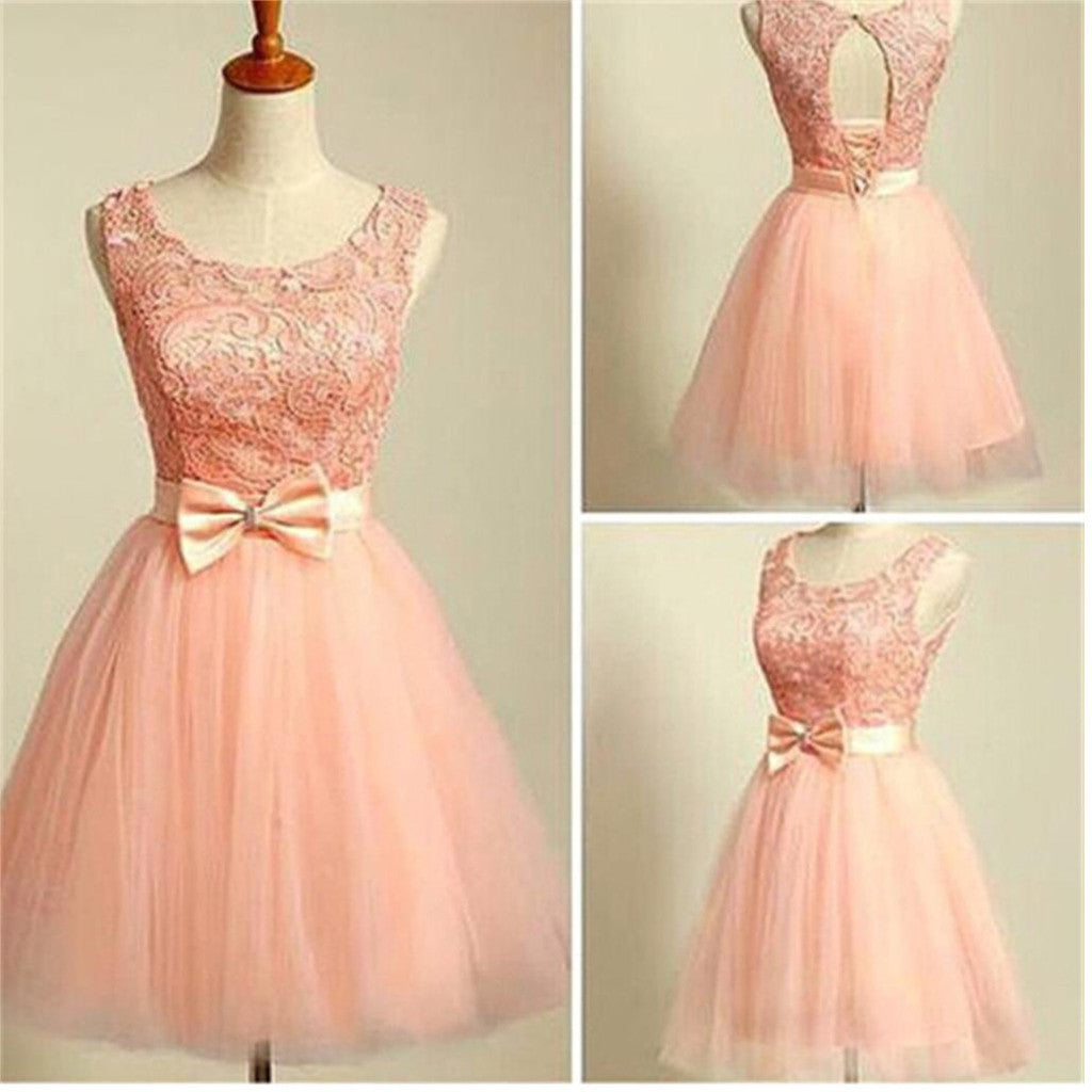 Peach Lace Top Tulle Open Back Graduation Homecoming Dresses, BG51410