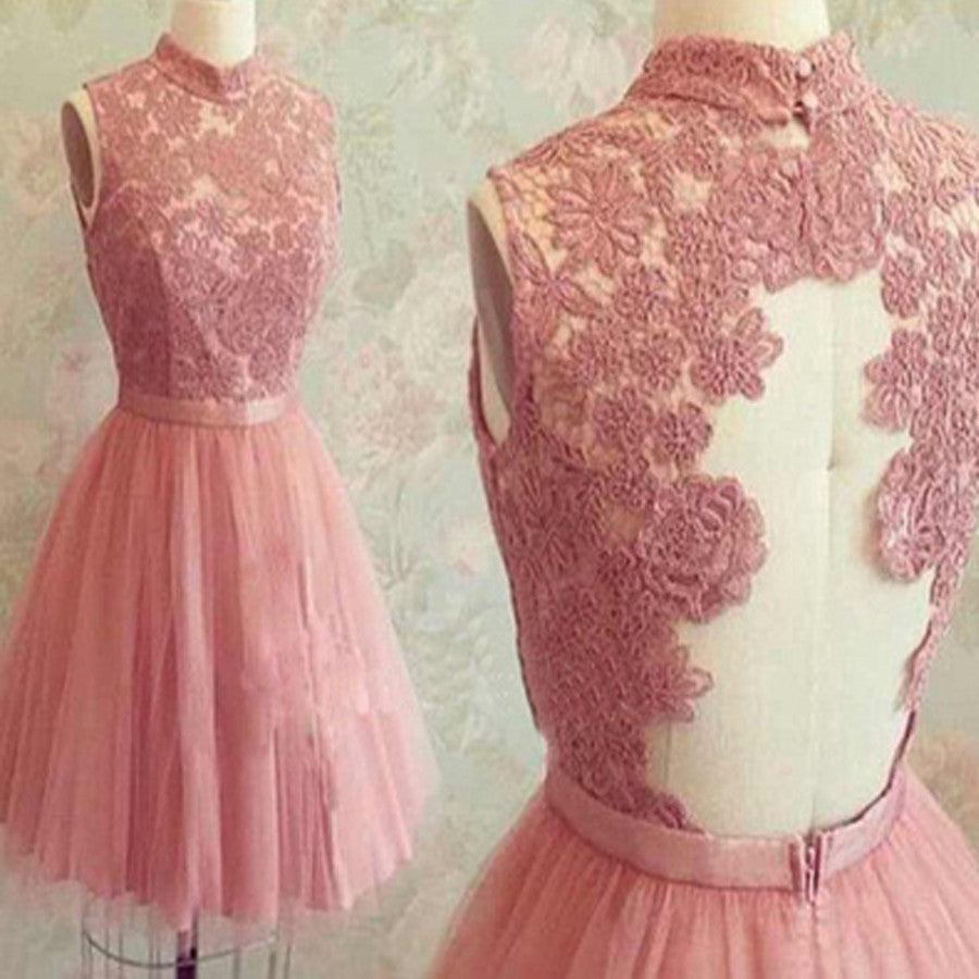 Dusty Pink High Neck Lace Top Junior Pretty Homecoming Dresses, BG51426 - Bubble Gown