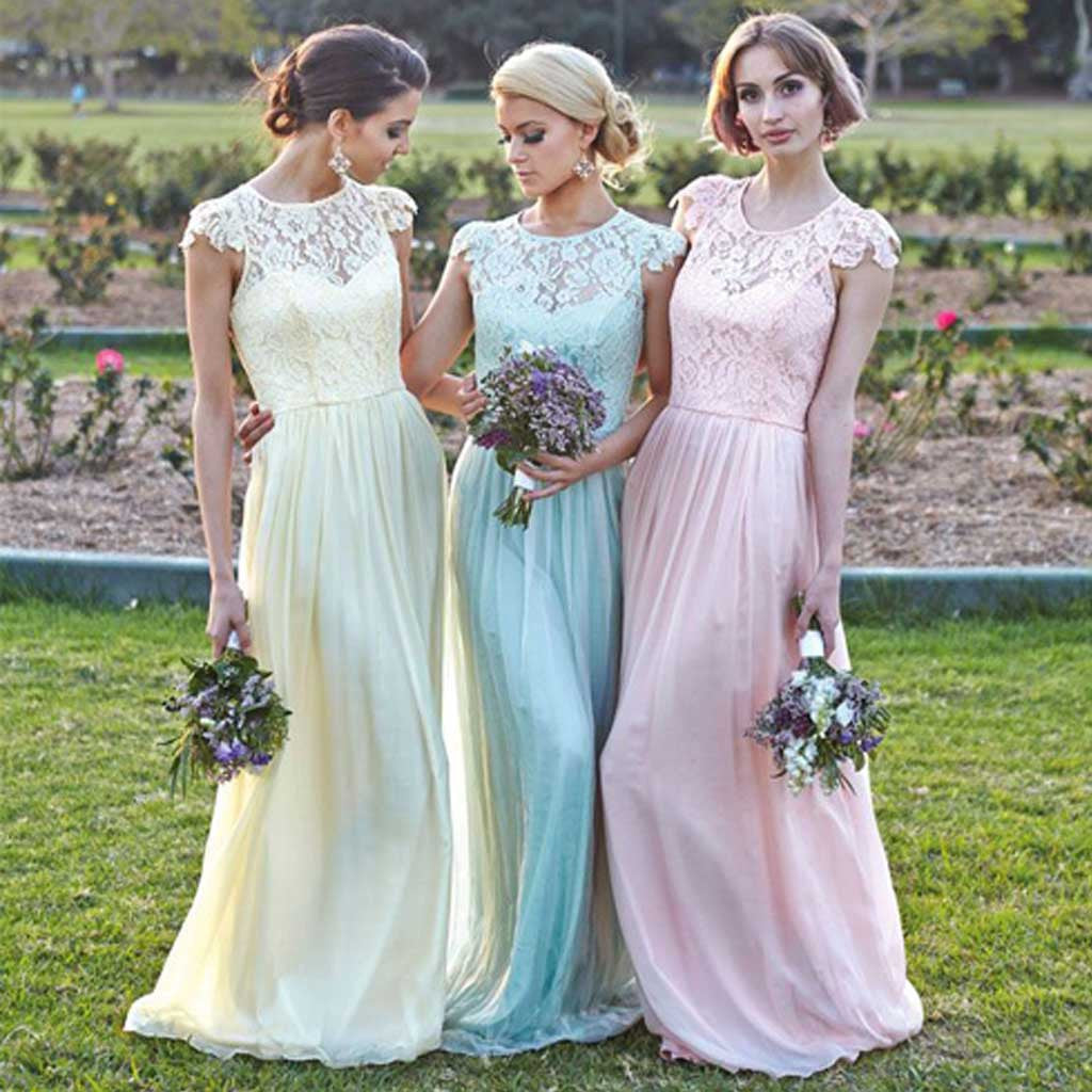 Different Colors Junior Cap Sleeve Lace Top Long Bridesmaid Dresses, BG51263 - Bubble Gown