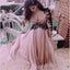 Black Applique Popular Dusty Pink V-neck Long Sleeve Cheap Long Prom Dresses, BG51019