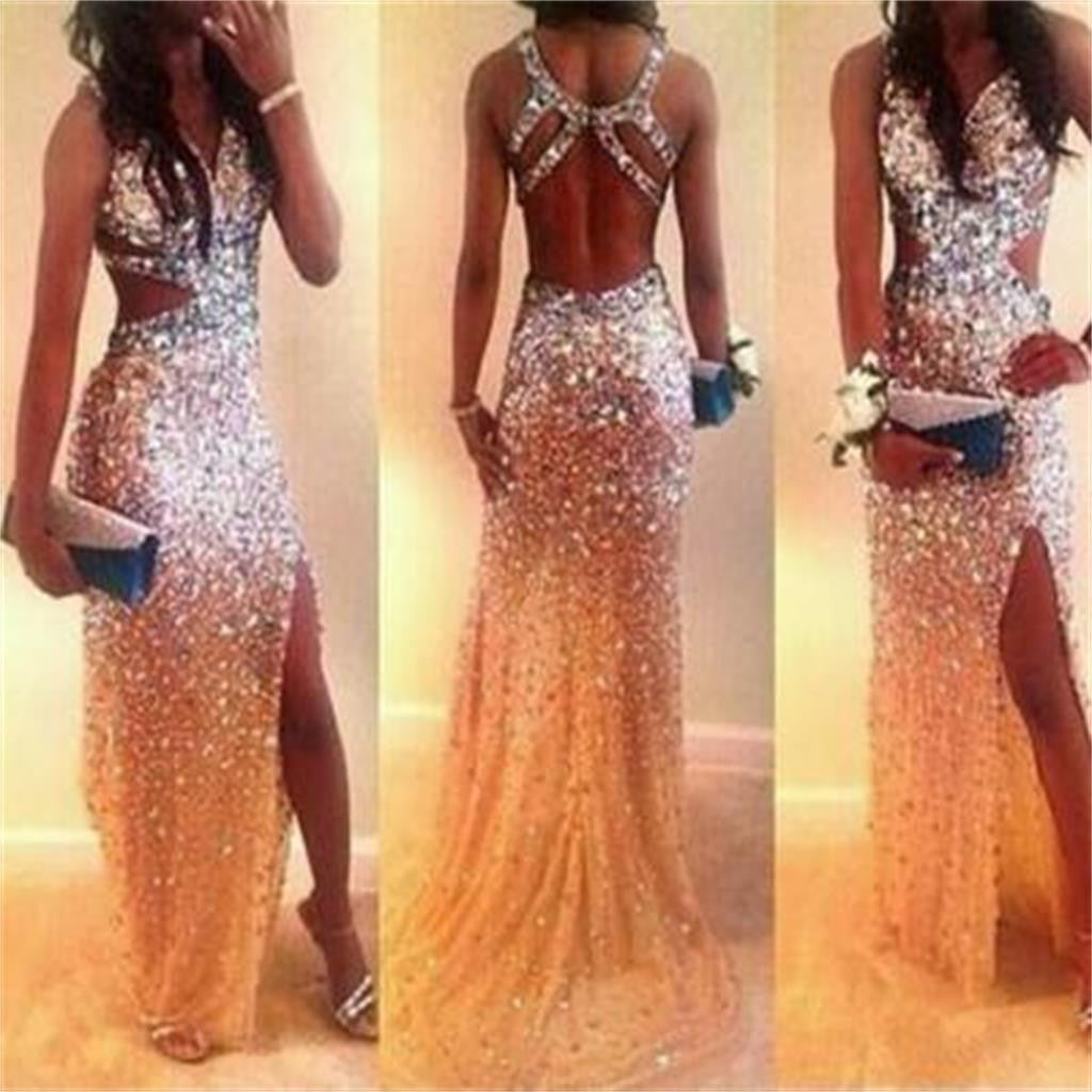 Long Open Back Sparkly Sexy Evening Prom Dresses, BG51114 - Bubble Gown