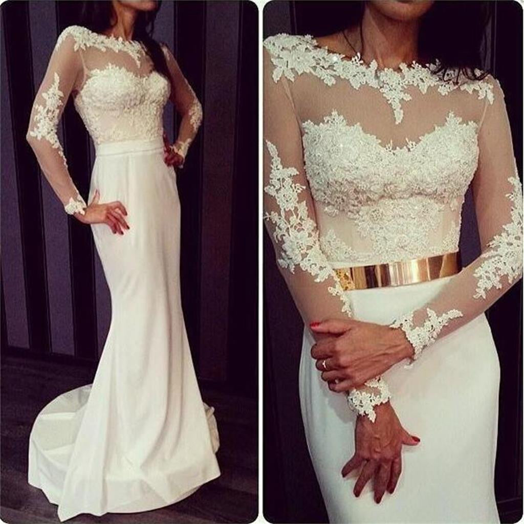 White Long Sleeves Sexy Lace Open Back Prom Dresses, BG51156