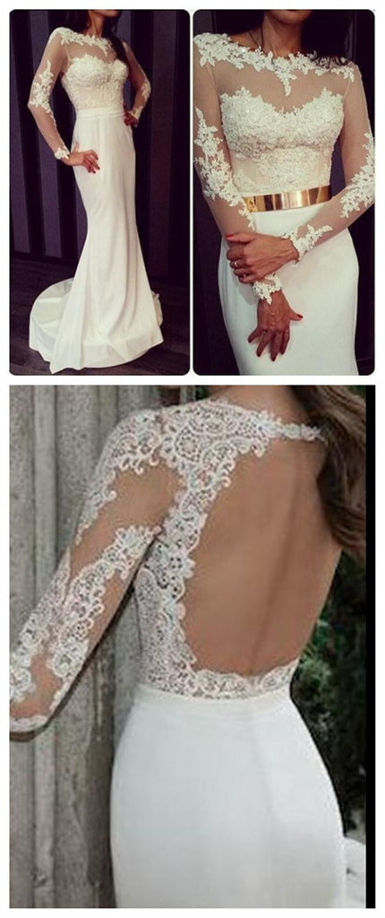 White Long Sleeves Sexy Lace Open Back Prom Dresses, BG51156