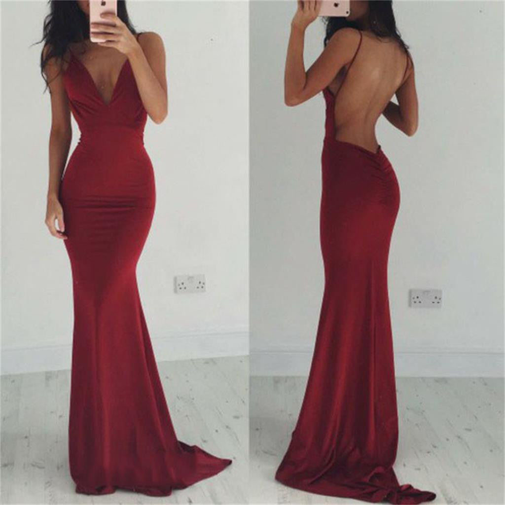Backless Sexy Burgundy V-neck Mermaid Evening Long Prom Dresses, BG51010 - Bubble Gown