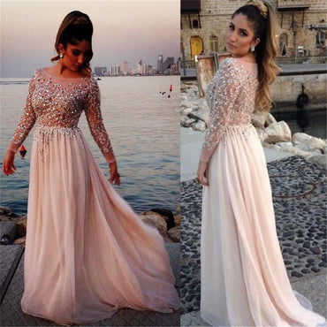 Long Sleeves See-through Cheap Evening Party Long Prom Dresses, BG51118 - Bubble Gown