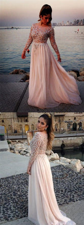 Long Sleeves See-through Cheap Evening Party Long Prom Dresses, BG51118 - Bubble Gown