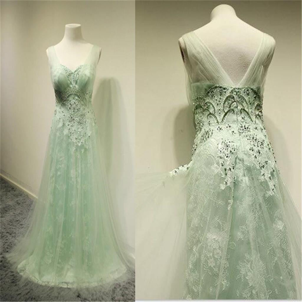 Green A line Cheap Evening Long Lace Prom Dress, BG51224 - Bubble Gown