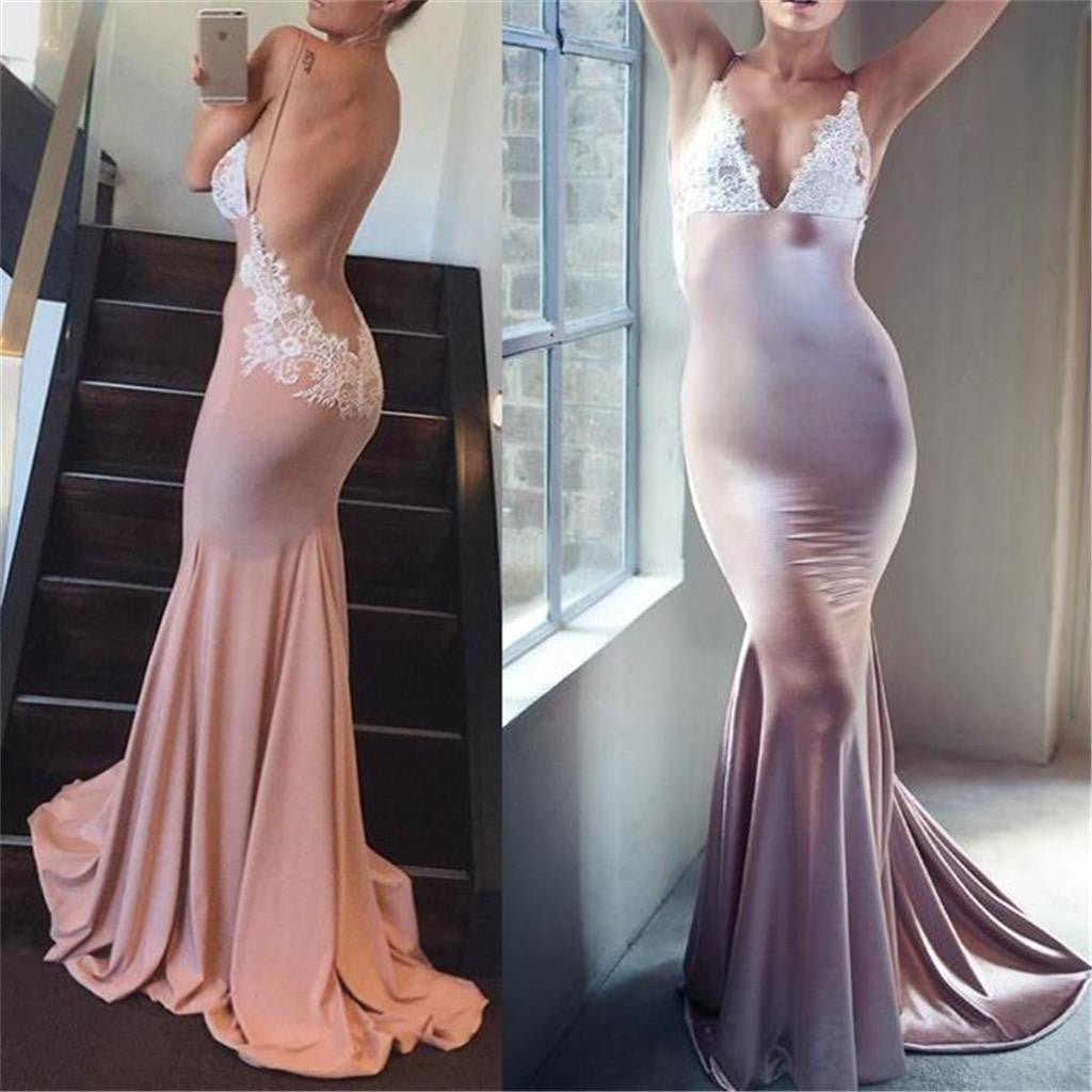 Backless Sexy Mermaid V-Neck Evening Long Prom Dresses, BG51199 - Bubble Gown