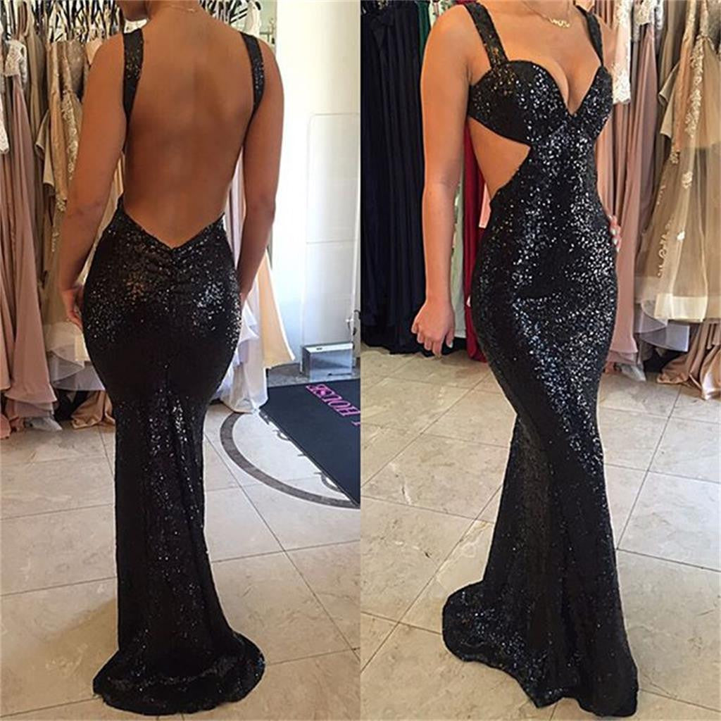 Sparkle Black Sequined Sexy Mermaid Backless Long Prom Dresses, BG51029