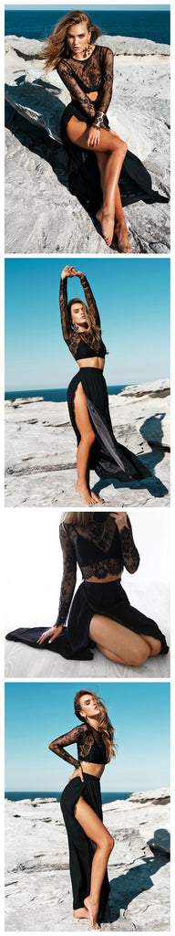 2 Pieces Black Lace Long Sleeves Sexy Slit Cheap Long Prom Dresses, BG51021 - Bubble Gown