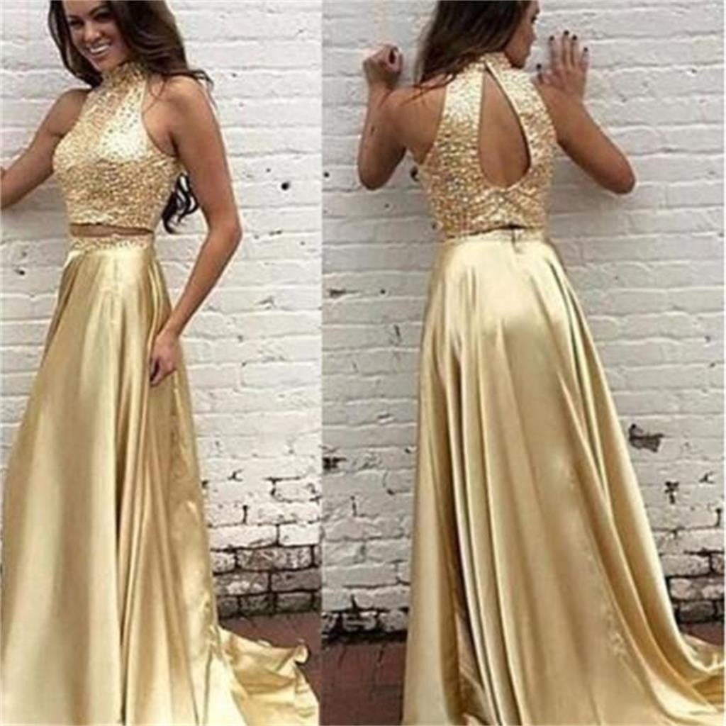 2 Pieces High Neck Open Back Shinning Gold Evening Long Prom Dress, BG51236 - Bubble Gown