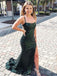 Simple Spaghetti Straps Dark Green Sequins Mermaid Long Evening Prom Dresses, Custom Side Slit Prom Dresses, BGS0009