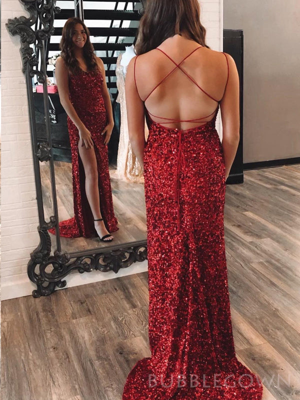 Mermaid Red Sequin Spaghetti Straps Long Evening Prom Dresses, Custom Prom Dresses, BGS0016