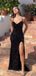 Black Sequins Mermaid Side Slit Long Evening Prom Dresses, Custom Spaghetti Straps Prom Dresses, BGS0019