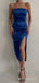 Royal Blue Satin Spaghetti Straps Side Slit Long Evening Prom Dresses, Custom Prom Dresses, BGS0020
