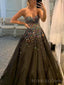A-line Black Tulle Beaded Long Evening Prom Dresses, Custom Strapless Prom Dresses, BGS0022