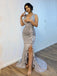 Deep V-neck Mermaid Silver Grey Long Evening Prom Dresses, Custom Side Slit Prom Dresses, BGS0024