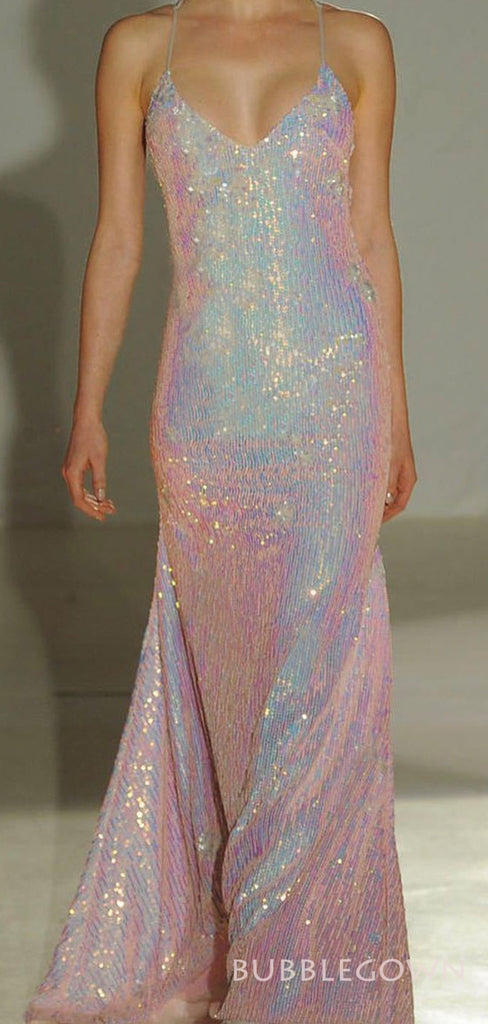 Simple Mermaid Spaghetti Straps Sequins Long Evening Prom Dresses, Custom Prom Dresses, BGS0027