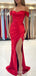 Simple Off Shoulder Red Satin Mermaid Long Evening Prom Dresses, Custom Side Slit Prom Dresses, BGS0040