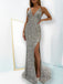Mermaid Silver Sequins Spaghetti Straps Long Evening Prom Dresses, Custom V-neck Prom Dresses, BGS0041