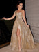 A-line One Shoulder Gold Sparkly Long Evening Prom Dresses, Custom Side Slit Prom Dresses, BGS0045