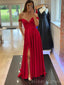 A-line Red Satin Off Shoulder Long Evening Prom Dresses, Custom Side Slit Prom Dresses, BGS0046