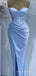 Spaghetti Straps Sky Blue Satin Mermaid Long Evening Prom Dresses, Custom Side Slit Prom Dresses, BGS0049