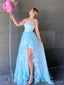 A-line Tulle High Slit Long Evening Prom Dresses, Custom Strapless Prom Dresses, BGS0053