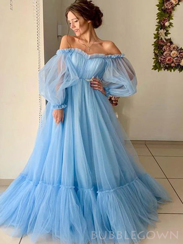 Off Shoulder A-line Blue Tulle Long Evening Prom Dresses, Custom Long Sleeves Prom Dress, BGS0076