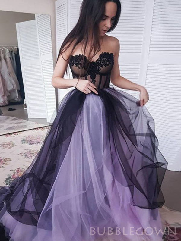 A-line Purple Tulle Appliques Strapless Long Evening Prom Dresses, Custom Prom Dress, BGS0082